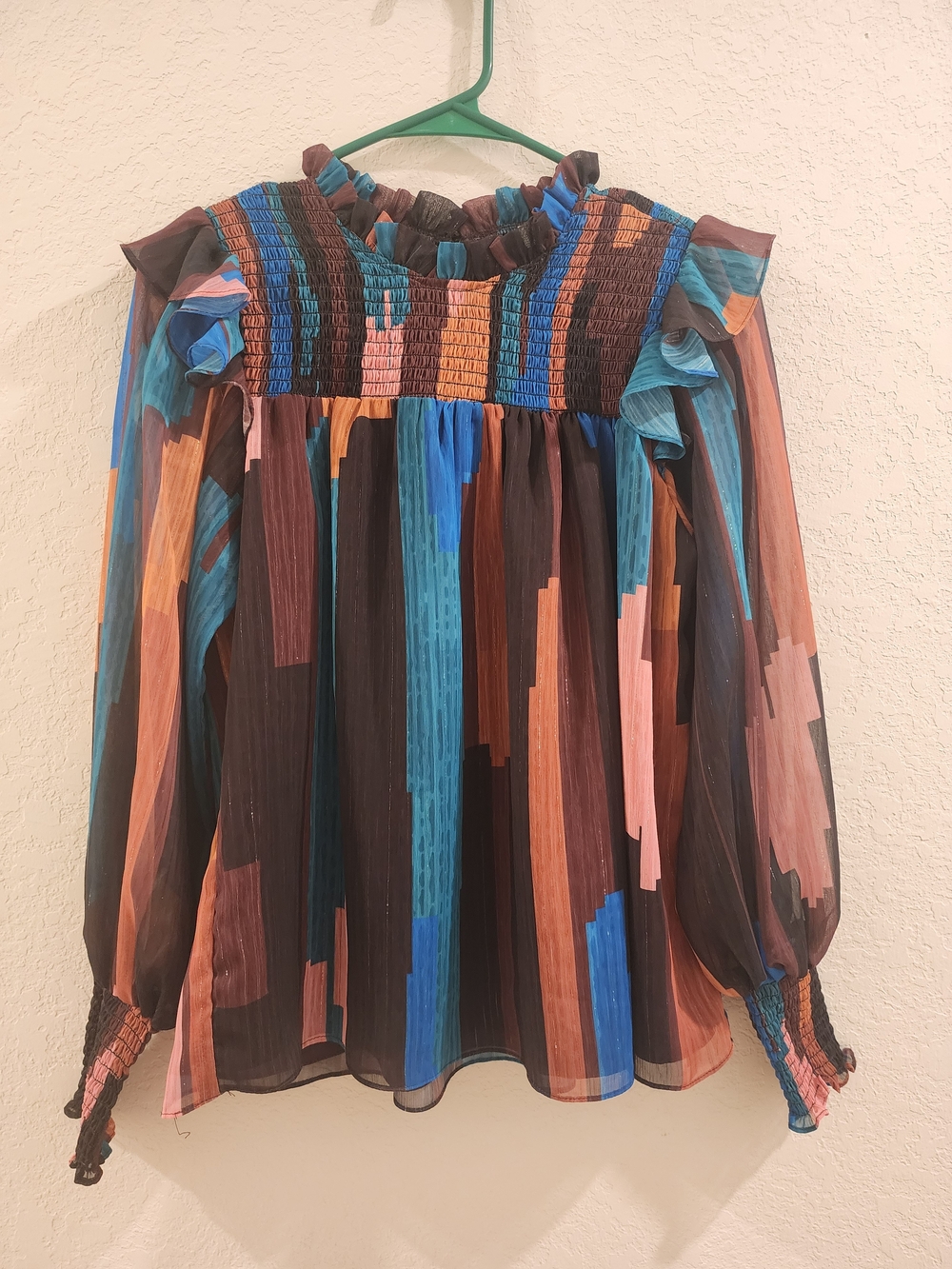 Women’s Multi-Color Long Sleeve Smocked Neck Blouse